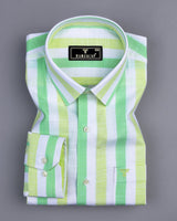 Thelon Green With White Broad Stripe Linen Cotton Shirt
