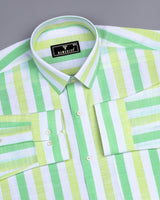 Thelon Green With White Broad Stripe Linen Cotton Shirt