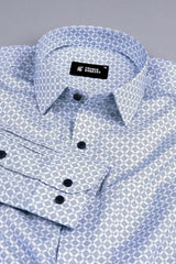 White with dark blue dot rhombus and cross shape printed shirt