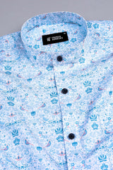 White with Dark and Light blue Lotus flower printed shirt