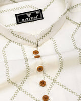 Zinzibar Ivory Cream With Green Thread Art Cotton Shirt Style Kurta