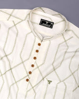 Zinzibar Ivory Cream With Green Thread Art Cotton Shirt Style Kurta