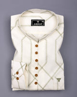 Zinzibar Ivory Cream With Green Thread Art Cotton Shirt Style Kurta