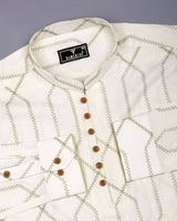 Zinzibar Ivory Cream With Green Thread Art Cotton Shirt Style Kurta
