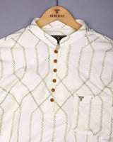 Zinzibar Ivory Cream With Green Thread Art Cotton Shirt Style Kurta