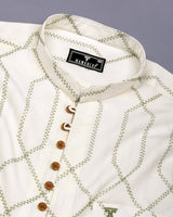 Zinzibar Ivory Cream With Green Thread Art Cotton Shirt Style Kurta