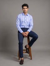 Comfrey Blue With White Dobby Stripe Linen Cotton Shirt
