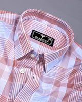 Pozos Peach With Blue Check Formal Cotton Shirt