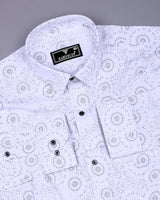Bolzano White With Black Printed Self Weft Stripe Dobby Cotton Shirt