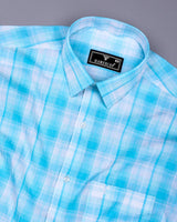Glitzy Aquablue With White Check Seersucker Cotton Shirt