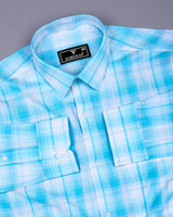 Glitzy Aquablue With White Check Seersucker Cotton Shirt