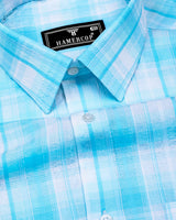 Glitzy Aquablue With White Check Seersucker Cotton Shirt