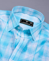 Glitzy Aquablue With White Check Seersucker Cotton Shirt