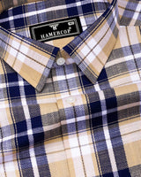 Cream With Blue Check Dobby Cotton Formal Shirt