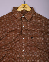 Pecan Brown With White Printed Dobby Cotton Shirt