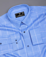 Lunar Blue With White Dobby Check Premium Giza Shirt
