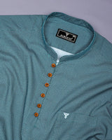 Ozgon Peacock Blue With White Printed Cotton Shirt Style Kurta