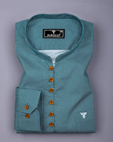 Ozgon Peacock Blue With White Printed Cotton Shirt Style Kurta