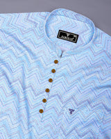 TamTam Blue With Green Zigzag Printed Cotton Shirt Style Kurta