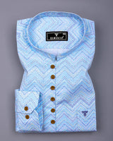 TamTam Blue With Green Zigzag Printed Cotton Shirt Style Kurta