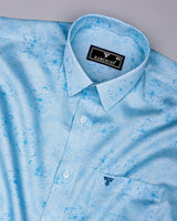 Virgo Water Blue With White Printed Cotton Shirt