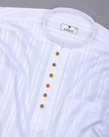 Bright White Self Stripe Dobby Cotton Shirt Style Kurta