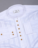 Bright White Self Stripe Dobby Cotton Shirt Style Kurta