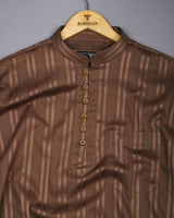 Chocolate Brown Self Stripe Dobby Cotton Shirt Style Kurta
