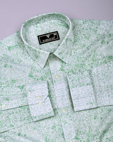 Falric Green With White Printed Linen Cotton Shirt