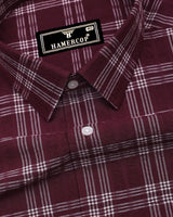Yoro Maroon With White Check Seersucker Cotton Shirt
