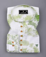 Green With White Printed Cotton Shirt Style Kurta