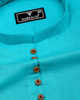 Libra Turquoise Blue Solid Linen Cotton Shirt Style Kurta