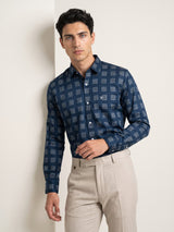 Elfen Blue With Glitter Box Printed Cotton Shirt