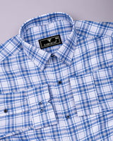 Flavo White With Blue Dobby Check Formal Cotton Shirt