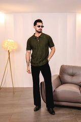Beern Deep Olive Knitted Cotton Polo T-Shirt