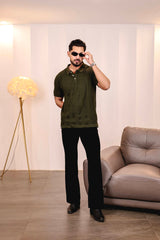 Beern Deep Olive Knitted Cotton Polo T-Shirt
