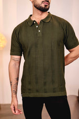 Beern Deep Olive Knitted Cotton Polo T-Shirt