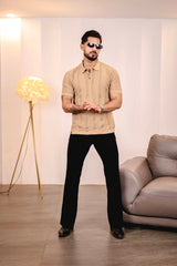 Beern Khaki Cream Knitted Cotton Polo T-Shirt
