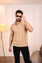 Beern Khaki Cream Knitted Cotton Polo T-Shirt