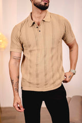 Beern Khaki Cream Knitted Cotton Polo T-Shirt