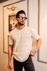 Drift Ivory Cream Melange Knitted Cotton T-Shirt