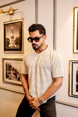 Drift Ivory Cream Melange Knitted Cotton T-Shirt