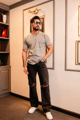 Drift Grey Melange Knitted Cotton T-Shirt