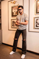 Drift Grey Melange Knitted Cotton T-Shirt