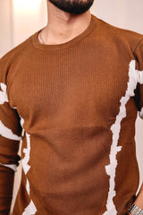 Drip Chocolate Brown With White Knitted Cotton Full Sleeves T-Shirt