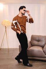 Drip Chocolate Brown With White Knitted Cotton Full Sleeves T-Shirt
