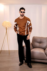 Drip Chocolate Brown With White Knitted Cotton Full Sleeves T-Shirt