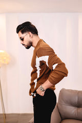 Drip Chocolate Brown With White Knitted Cotton Full Sleeves T-Shirt