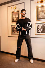 Drip Black With White Knitted Cotton Full Sleeves T-Shirt