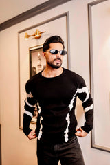 Drip Black With White Knitted Cotton Full Sleeves T-Shirt